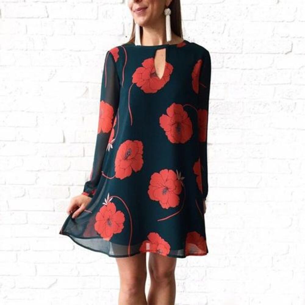 Cupcakes & Cashmere Sybella Shift Dress M Navy Coral Poppy Floral Retro Mod Boho